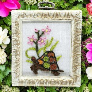 Crewel Turtle And Flowers Framed Art Miniature Picture 4.5" Tortoise Eclectic